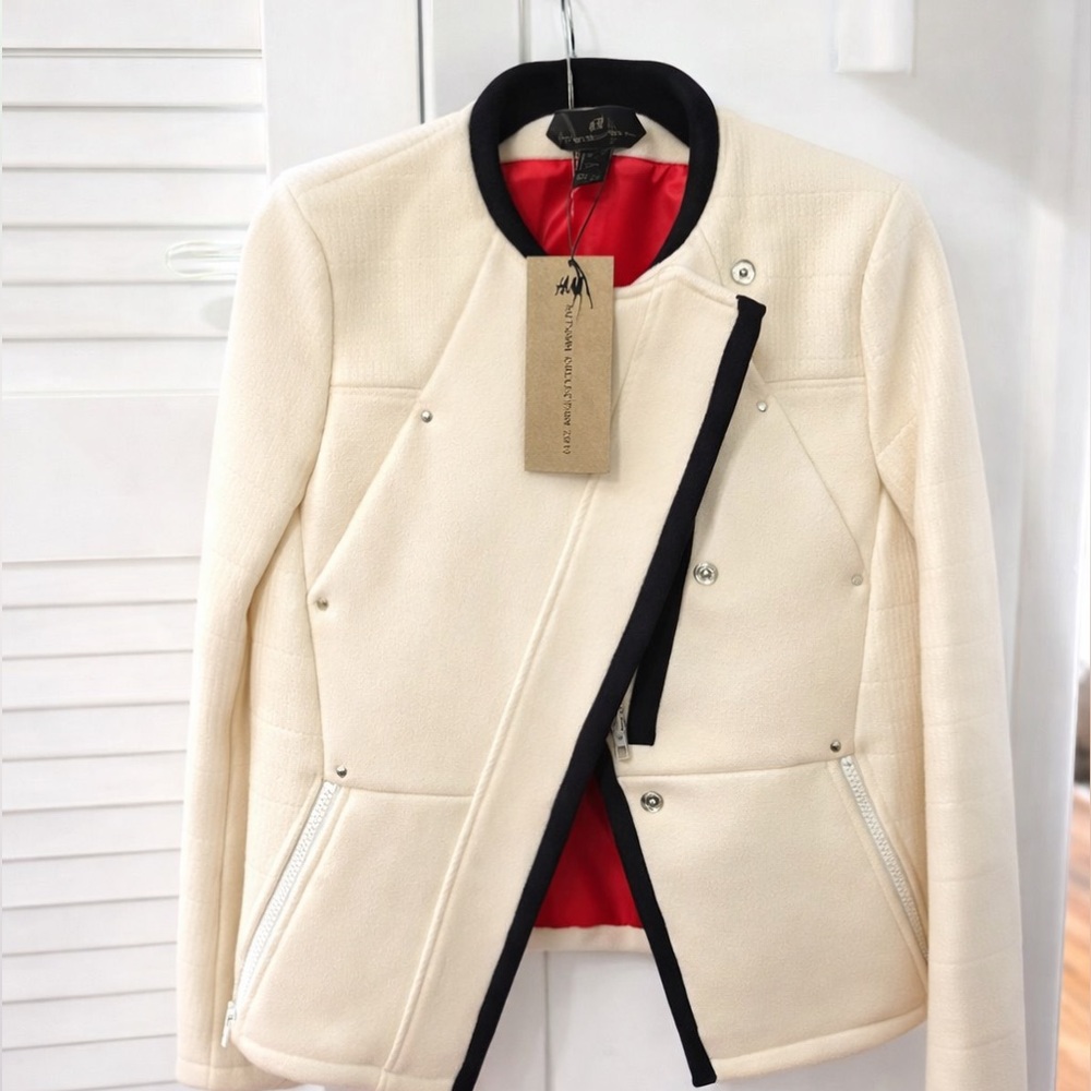 ✨ NWT H&M Asymmetrical Cream Moto Jacket | Red Lining | Size 4